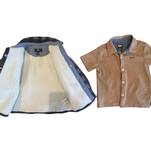 2T Boy Bundel  7 For All Mankind Sherpa Plaid Jacket + DKNY Tan Polo Shirt - Picture 4 of 7
